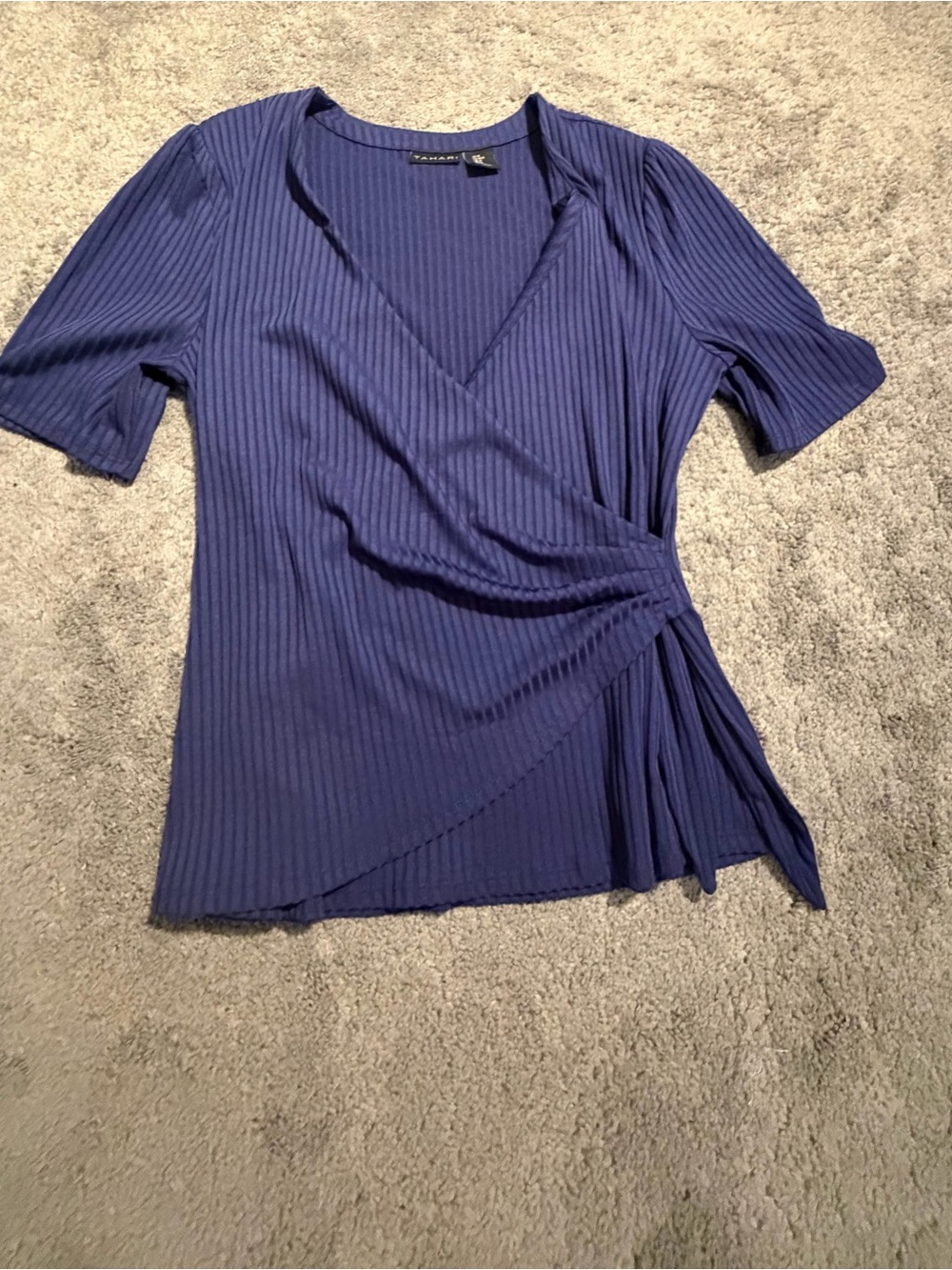 Tahari Ribbed Wrap-Front Short Sleeve Top — Blue